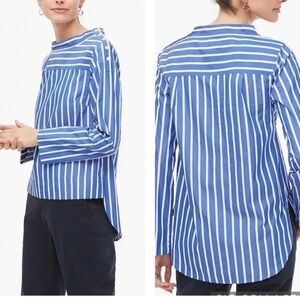 JCrew blue and white striped funnel neck, shirttail hem, crisp cotton shirt. 6